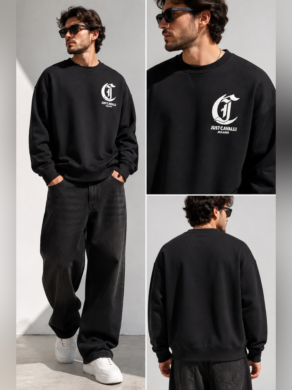 NWT JUST CAVALI MILANO BLACK LOGO CREWNECK SWEARSHIRT XL OVERSIZED